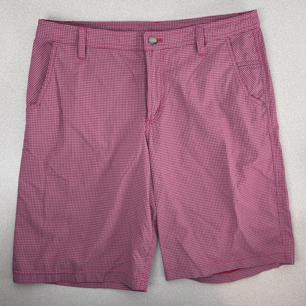 Lululemon Shorts Mens 36‎ Red Gray Plaid Stretch 10.5" Inseam Nylon Spandex